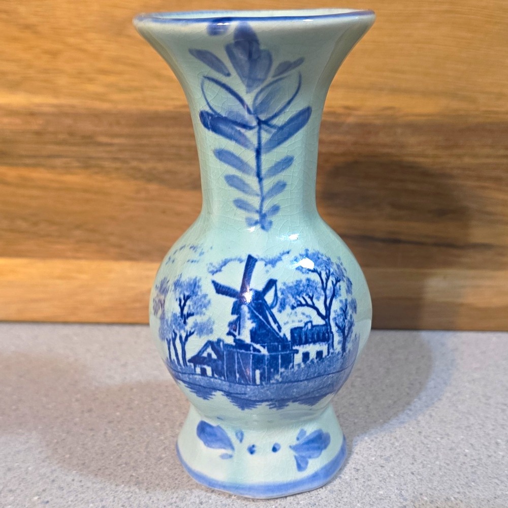 Blue & Light Blue Ceramic Vase, Japan, Scenic Windmill Landscape Design